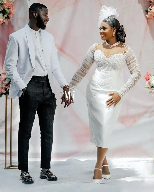 Tea-length Beach Garden Wedding Dresses Aso Ebi Long Sleeve Pearls Sheer Mesh Pleats Africa Traditional Bridal Gown Customized
