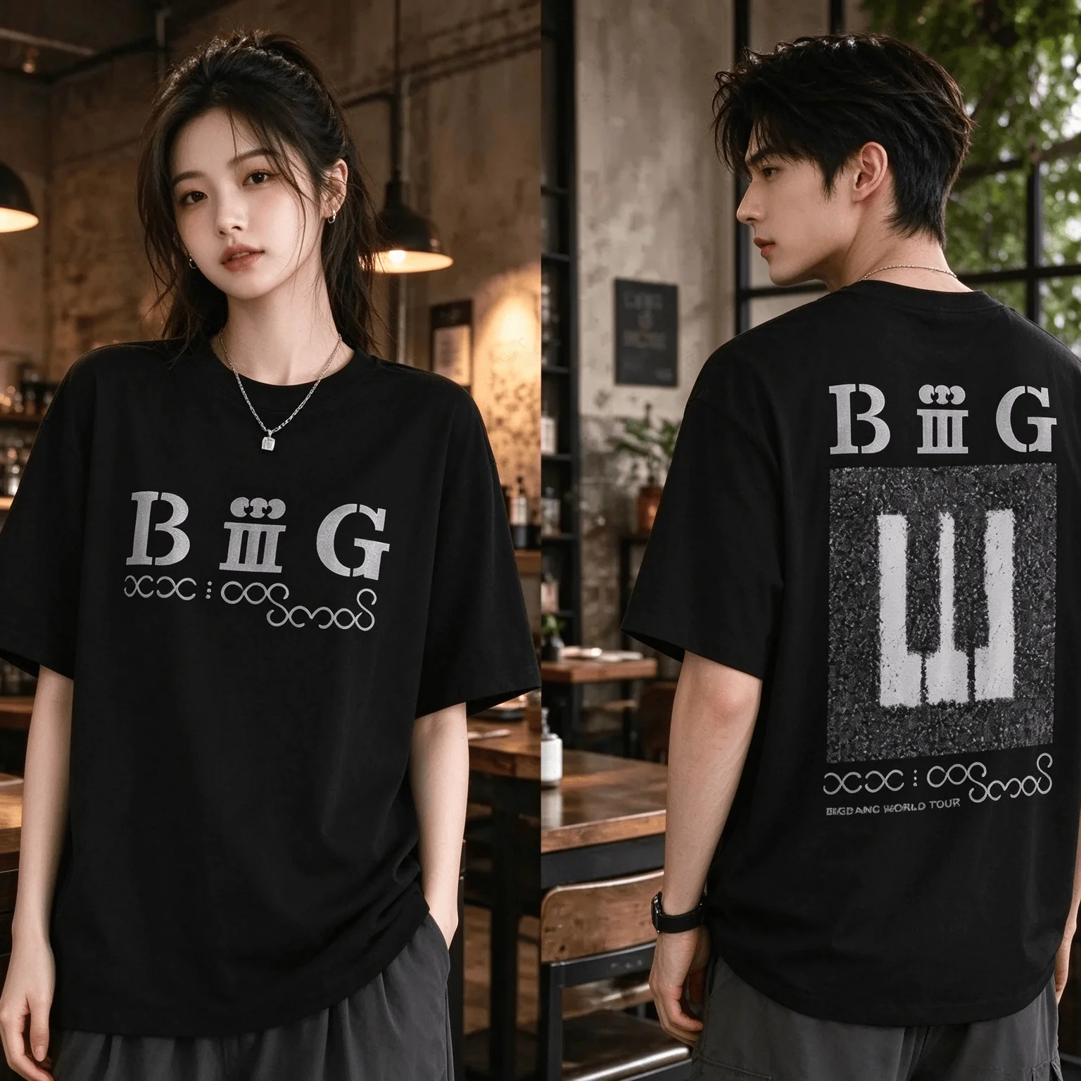 BIGBANG Family Matching Outfit Parent-child Tee Letter Piano Front Back Print Short Sleeve Tshirt Summer Casual Loose Street Top