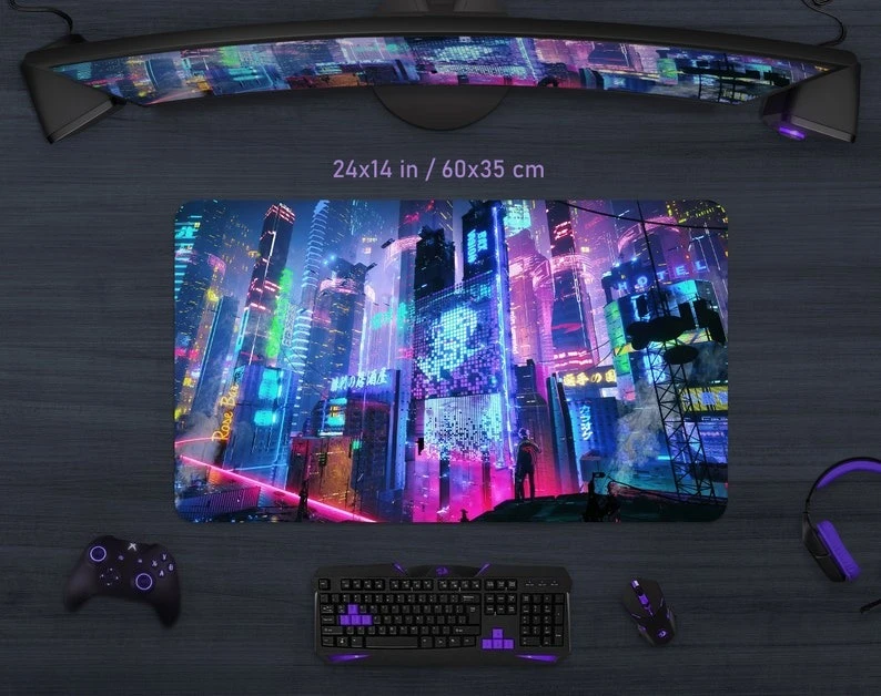 베이퍼웨이브 게이밍 데스크 매트 RGB LED 마우스패드 시티 네온 사인 일본 애니메이션 빅 XL 데스크매트 마우스 패드 대형 XXL 테이블 게이밍 PC