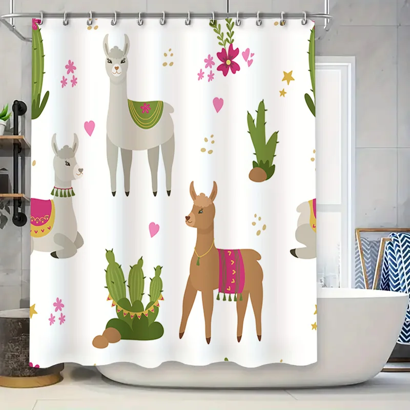 

Занавеска для душа с ярким цветочным узором и ламой, декор для ванной комнаты для детской комнаты, бело-зеленого цвета с дизайном кактуса – ткань премиум-класса M