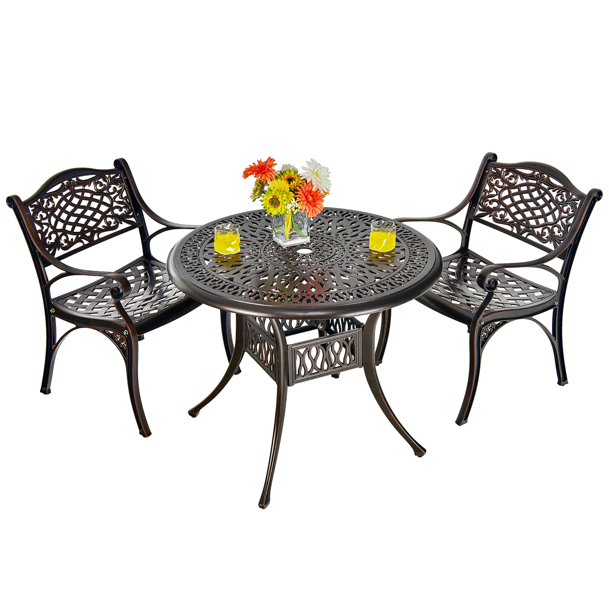 3 PCS Patio Dining Bistro Set Cast Aluminum Round Patio Table W/Chairs