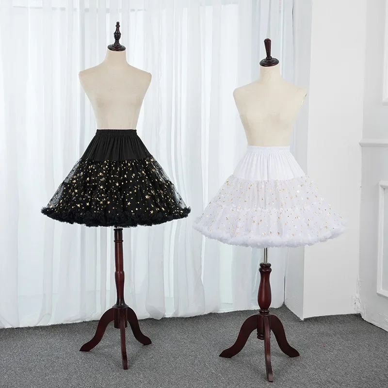 Gaun pesta cantik rok dalam bintang emas Rockabilly hitam antik putih rok dalam Tulle Puffy rok dalam Lolita pendek 2023