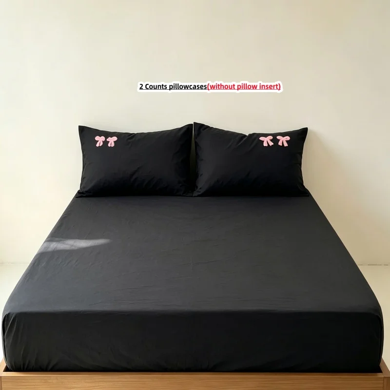 3Pcs Fitted Bed Sheet With Elastic Band Anti-slip Adjustable Mattress Cover embroidery bow Pillowcase without pillow core