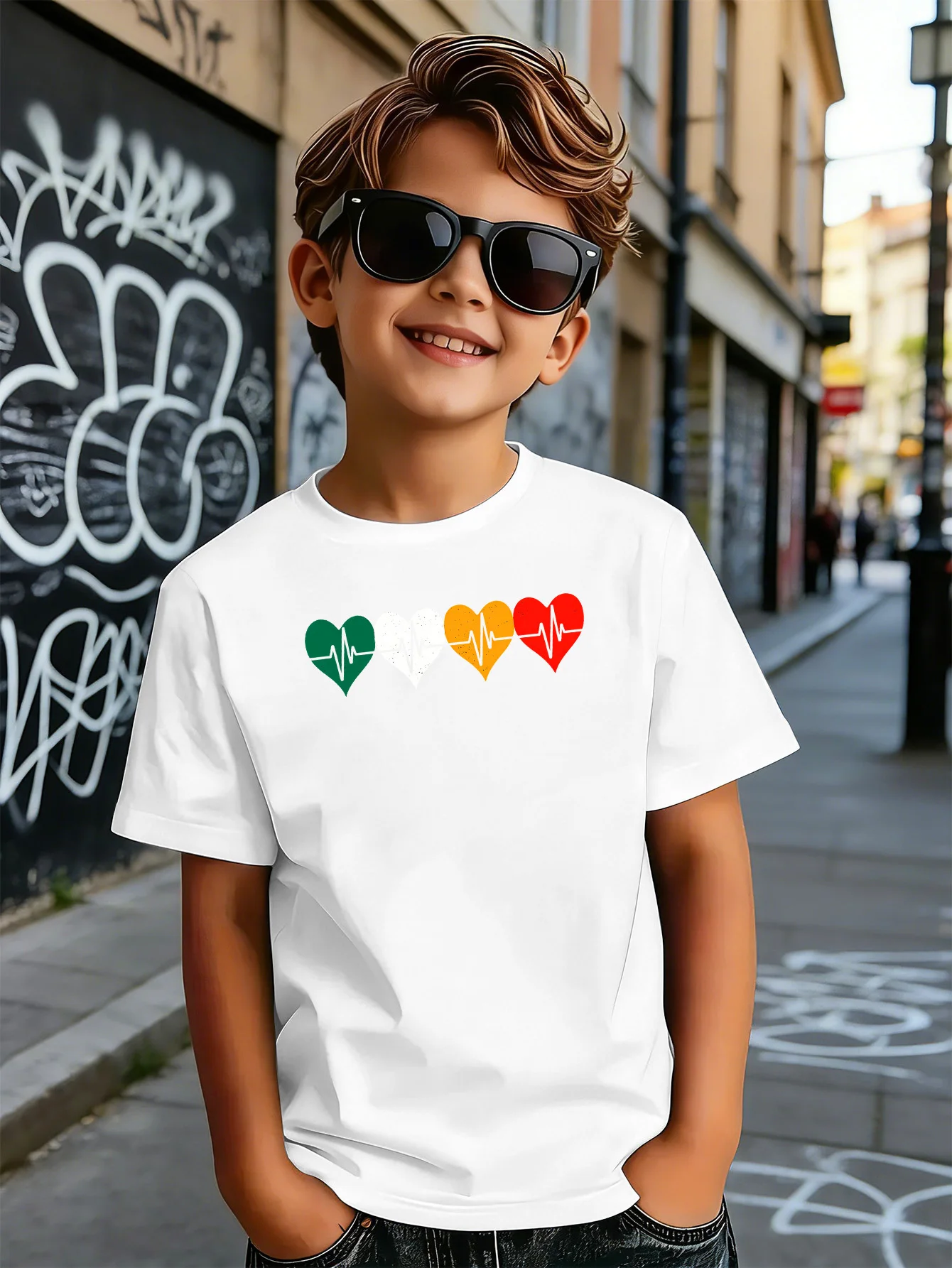 Heart Electrocardiogram Print Kids T Shirt Boys Girls Parent Child Matching Soft Cotton Casual Short Sleeve Simple Daily Tees