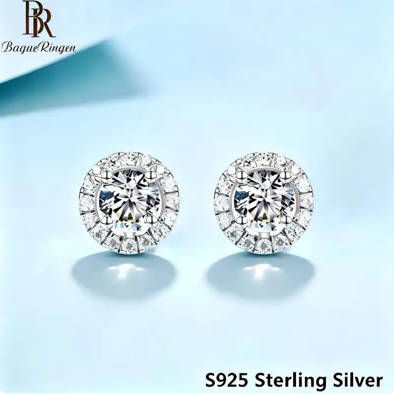 BR New S925 Sterling Silver Earrings 1CT Halo Setting D VVS1 Moissanite Studs Exquisite Fine Jewelry Perfect Gift for Women
