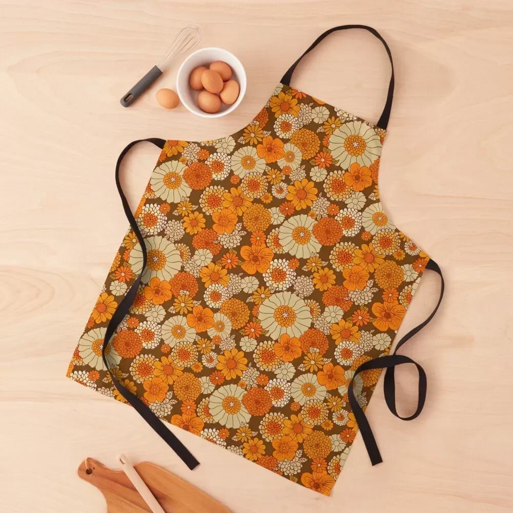 

70s retro daisies, vintage flower power, orange and brown, boho, Apron kitchen clothes Waterproof Kitchen For Women Apron