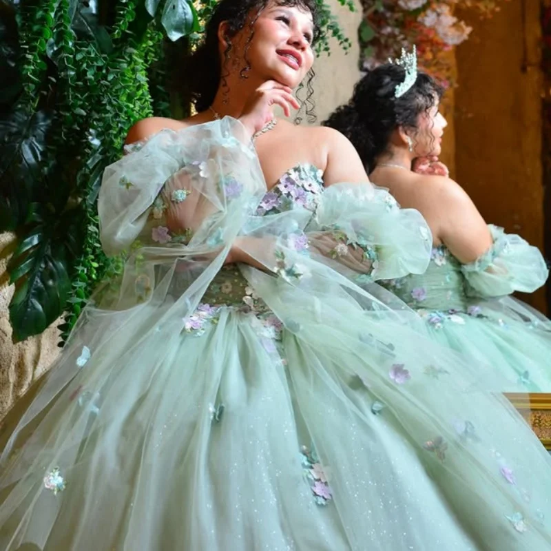 

Блестящее мятно-зеленое платье Quinceanera с кристаллами и блестящими цветами, наклейка с длинным хвостом, Vestidos De 15, Quinceanera ﻿ Настроить