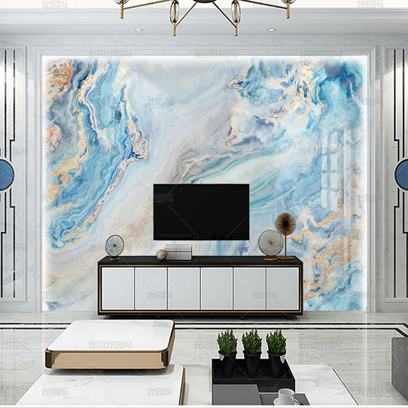 Custom 3d Modern high end blue ink ooze gold overflow color marble wallpaper living room sofa TV background wall mural bedroom