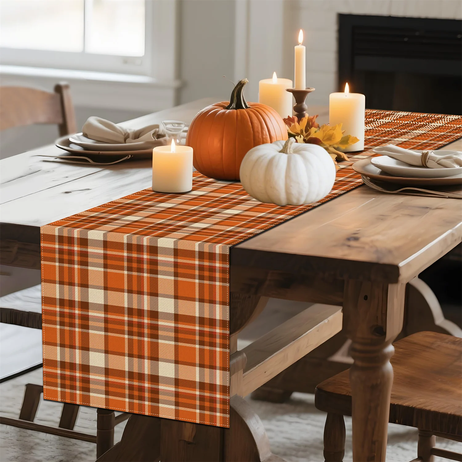 1pc Deep Orange Brown Plaid Fall Table Runner, Thanksgiving Table Decor for Family Dinner, Kitchen & Dining Room