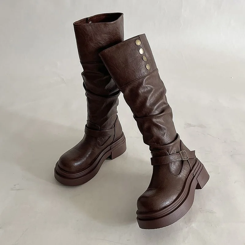 Women's Korean-style Knee-high Boots, Synthetic Leather, Platform And Thick Heel, Motorcycle Style_voghion.com
