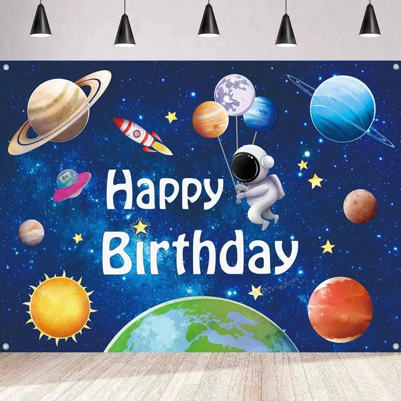 

Photography Backdrop Outer Space Happy Birthday Banner For Boys Kids Planet Astronaut Space Theme Photo Background Wall Poster