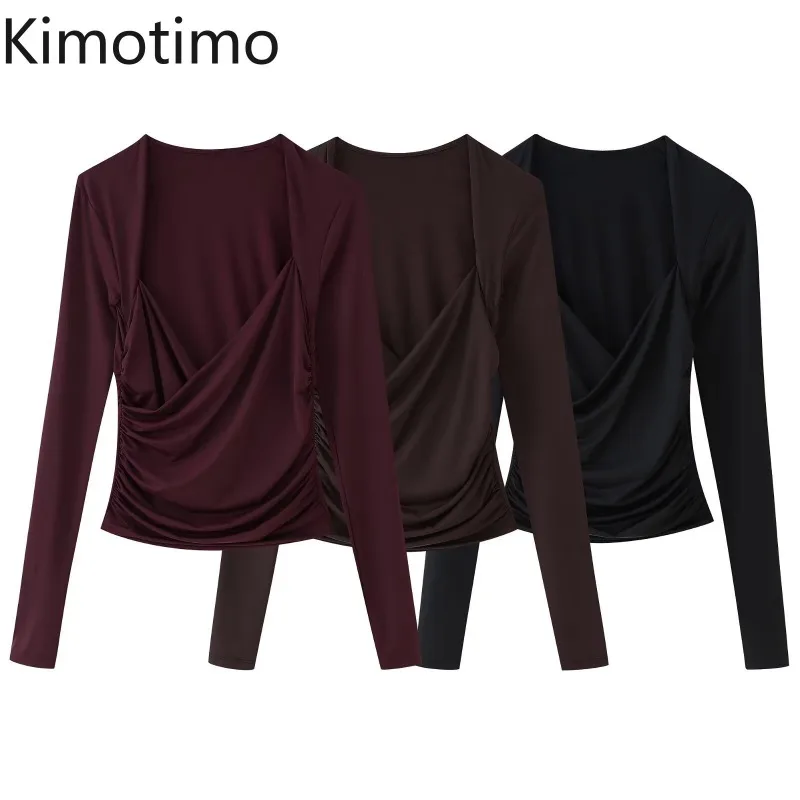 

Topenomi 2025 Spring Square Collar Folds Tshirts Women Korean Temperament Solid Slim Fit Long Sleeve Tops All Match Casual Tees