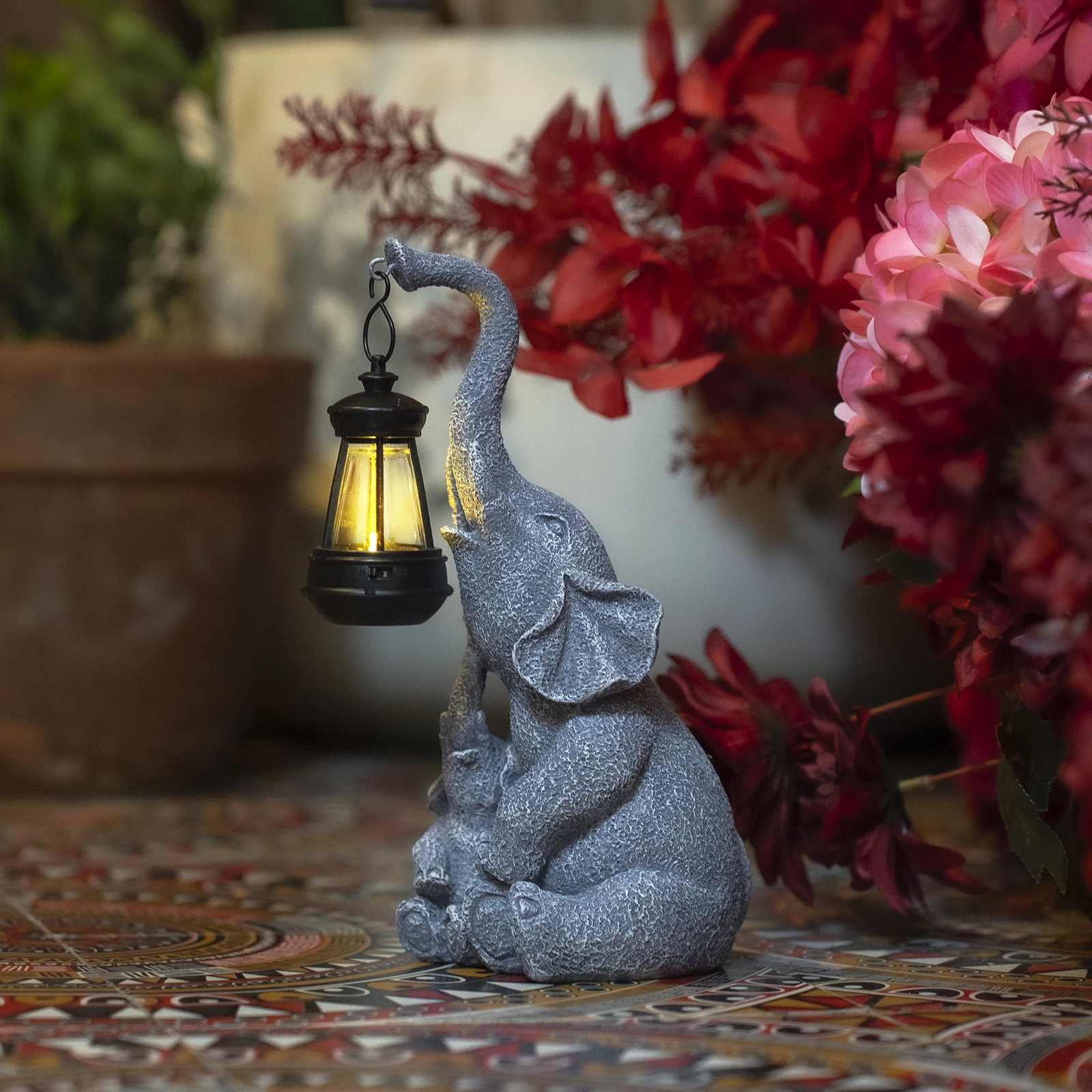 Solar outdoor Garden statue lights, Elephant statue garden sculpture decorations, lucky elephant mother gifts for ladies, men or