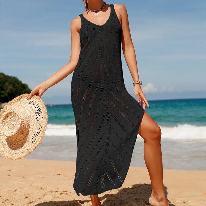 BluWin Sexy Women Knitting Beachwear Sunscreen Smock V Neck Breathable Hollow  Beach Cover-Ups Women's Elegant Split Long Dress