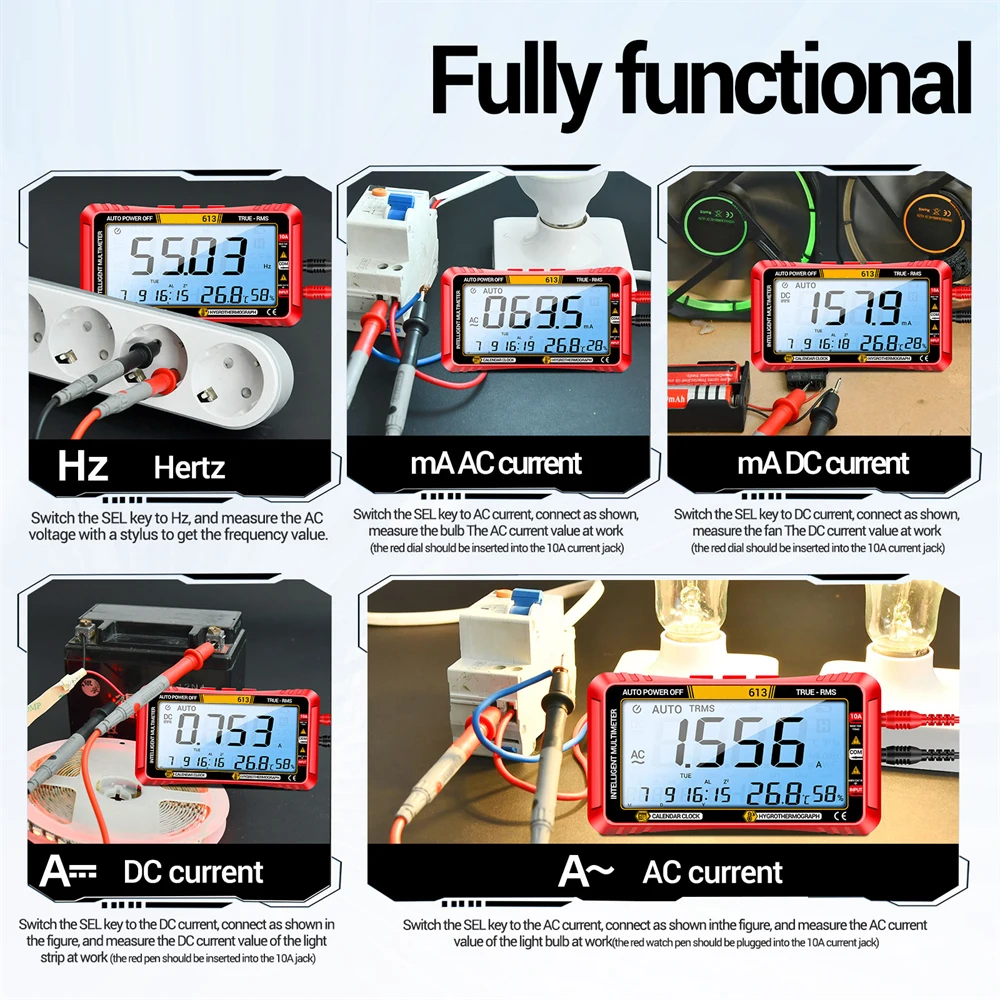 Imagem -03 - Multifuncional Instrumento Multímetro com Calendário Medidor de Temperatura e Umidade Display Digital Totalmente Inteligente em 600v 10a