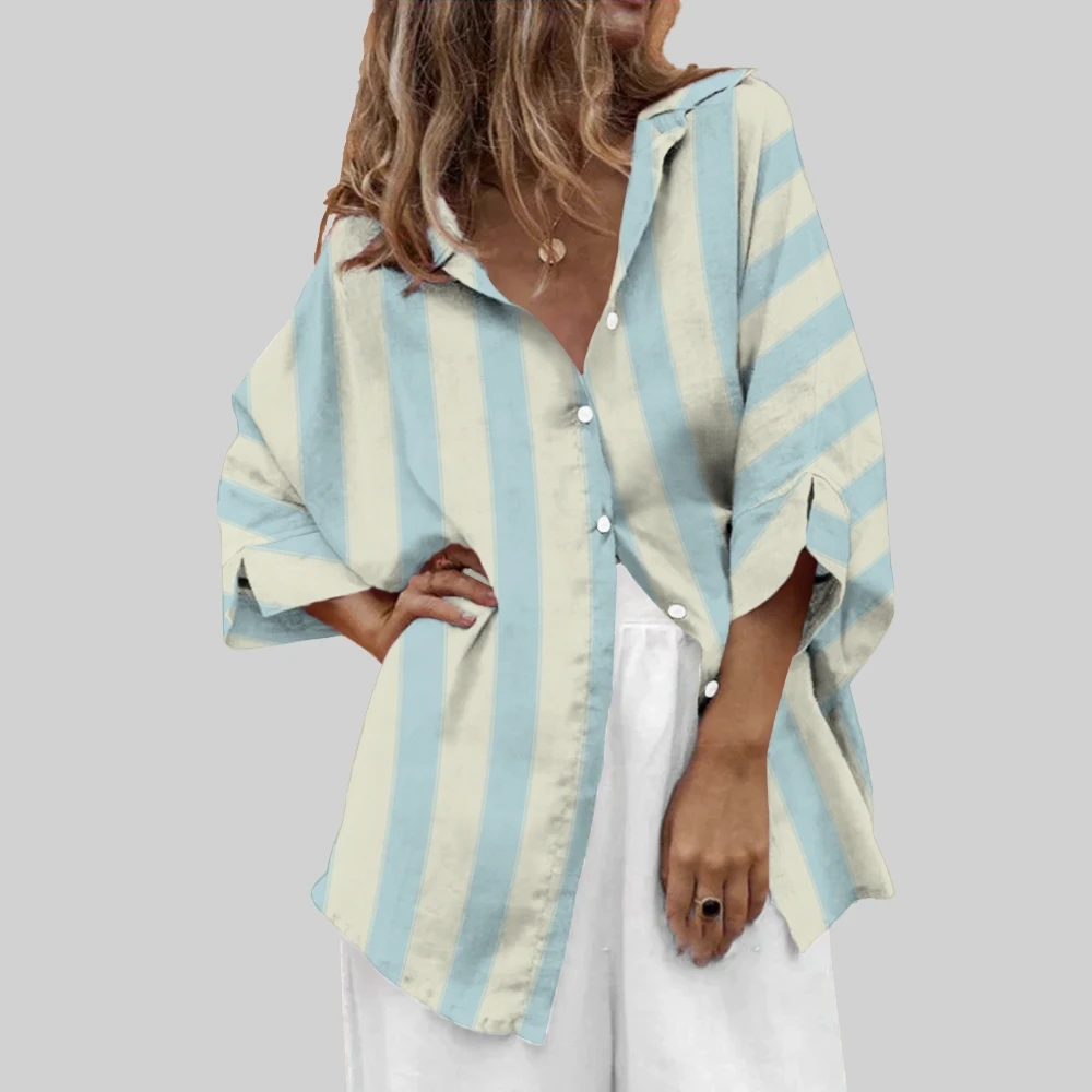 Women'S Blue Stripe Print Casual Overshirt Long Sleeves Blouse Suitable For All Seasons One-piece Outfits Clothing Open Breasted