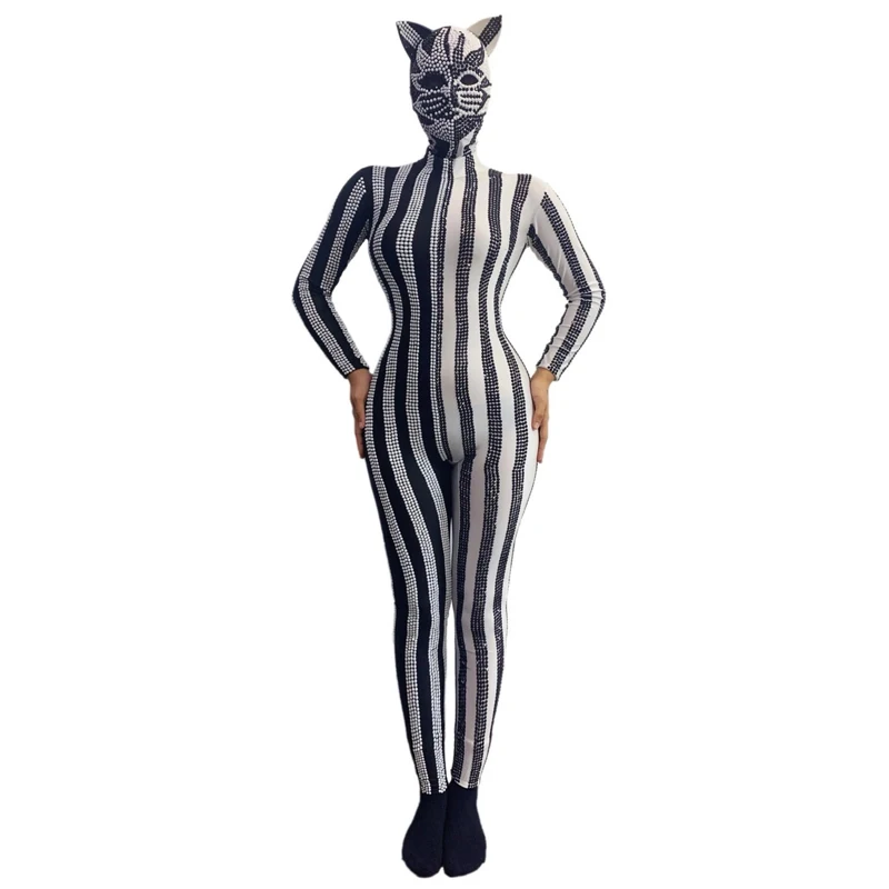 Halloween bar boate dj cosplay jazz dançarino traje strass estiramento macacão animal headwear feminino rave outfit xs10049