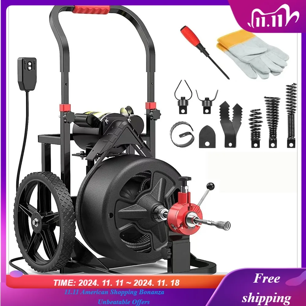 

Электрическая сливная змея с автоматической подачей, 100 футов × 1/2 дюйма, с мобильным колесом 12 дюймов, сливной шнек 700 Вт, включает 8 фрез, подходящий для труб диаметром 2-4 дюйма.