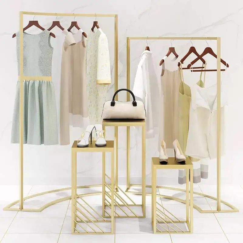 custom，Custom Shiny Gold Black Retail Shop Fittings And Store Furniture Boutique Garment Clothes Clothing Display Rack