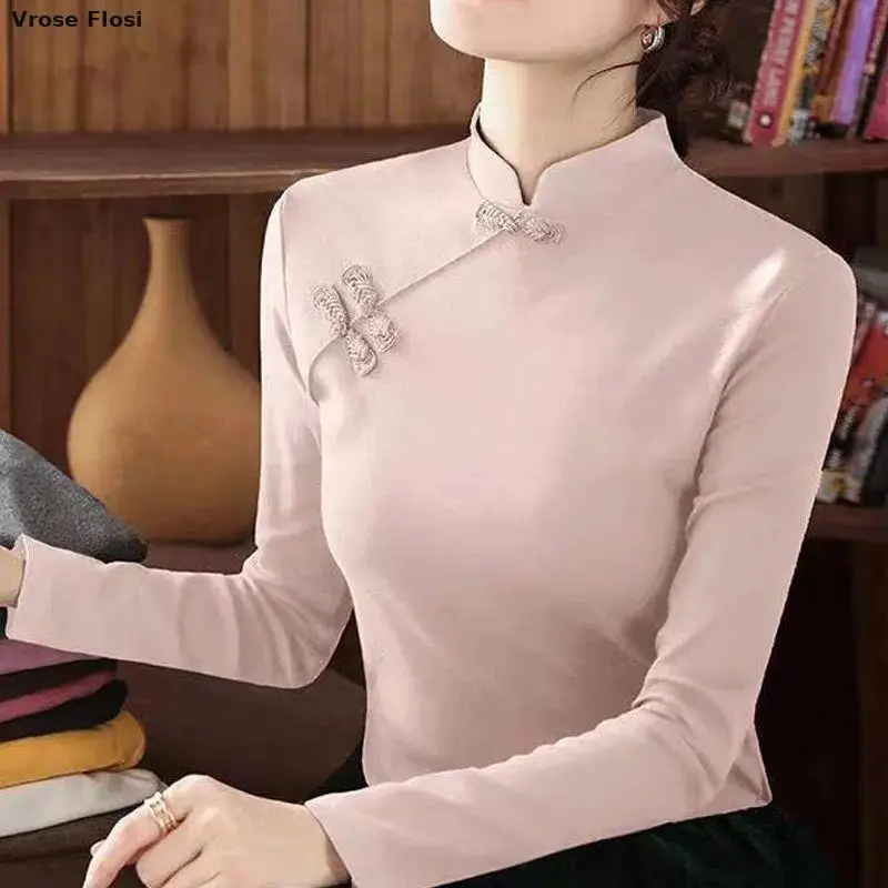 Cheongsam Women\'s Plus Size Stand Collar Tops 2023 Winter Cotton Blend Pure Color Long Sleeve Chinese Style Qipao Shirts Woman