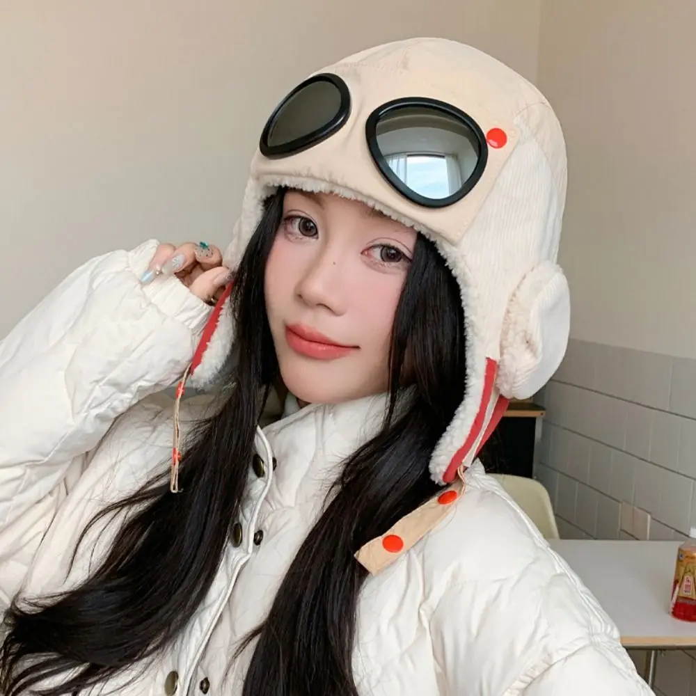 Windproof Winter Pilot Hat With Goggles Beanie Anti Fog Cycling Lei Feng Hat Velvet Ear Protection Hat Skiing