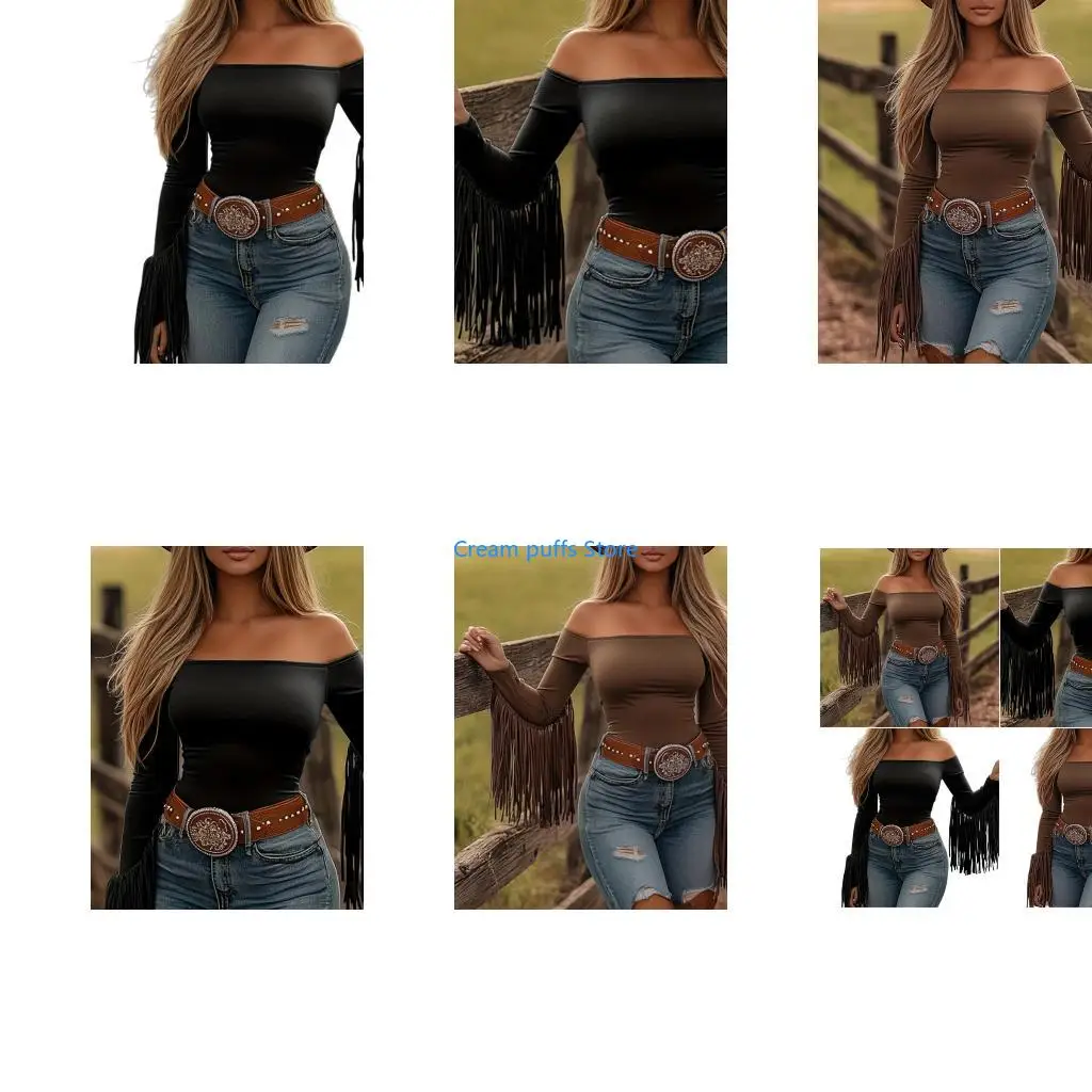 50LE Festival Wear Women T-Shirt Off Shoulder Fringe Long Sleeve Stretchy Tassels Top