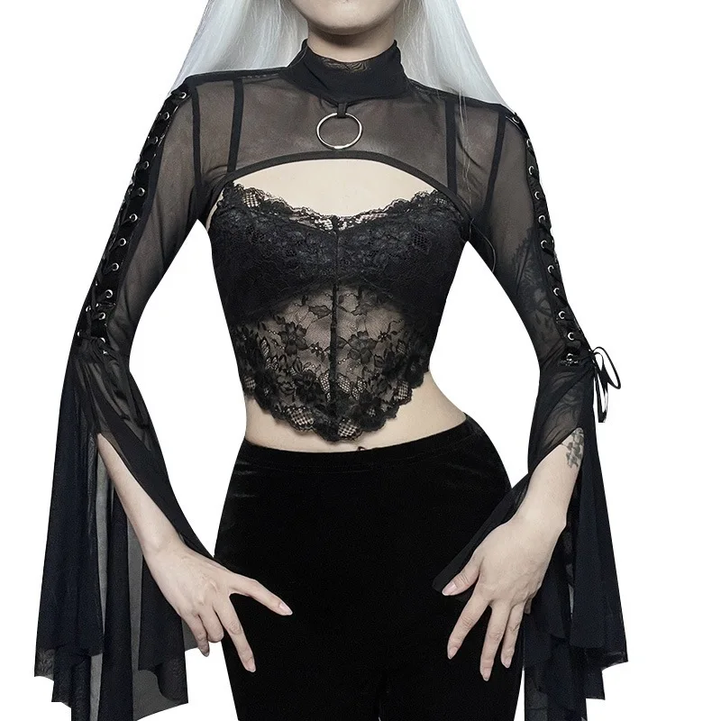 

Autumn New Punk Dark Mesh Women's Top Gothic Design Sweet Cool Sexy Versatile Half High Collar Flared Sleeve Short Coat Ladies