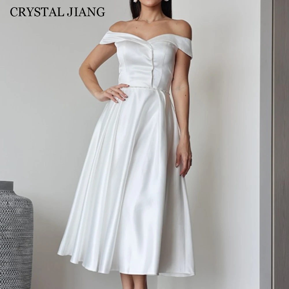 

Elegant Long Off the Shoulder Satin Wedding Dresses Natural Waist Sleeveless A Line Tea Length 웨딩드레스 Bridal Gowns