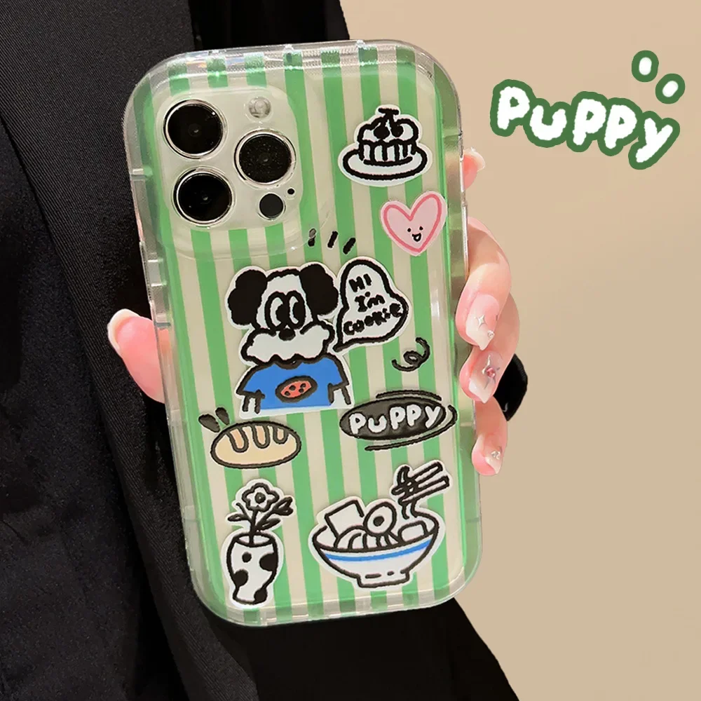 Retro green striped picnic puppy transparent Phone Case For iPhone 14 13 12 11 Pro Max 14 Plus Case Cute Cartoon art Soft Cover