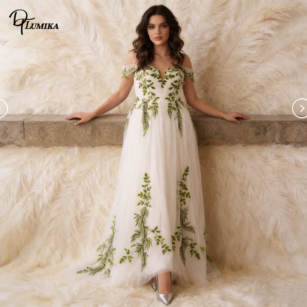 

Off Shoulder Tulle Evening Gown Green Botanical Embroidery A-Line Dress for Art Gala Cocktail Party Engagement Dinner Refined