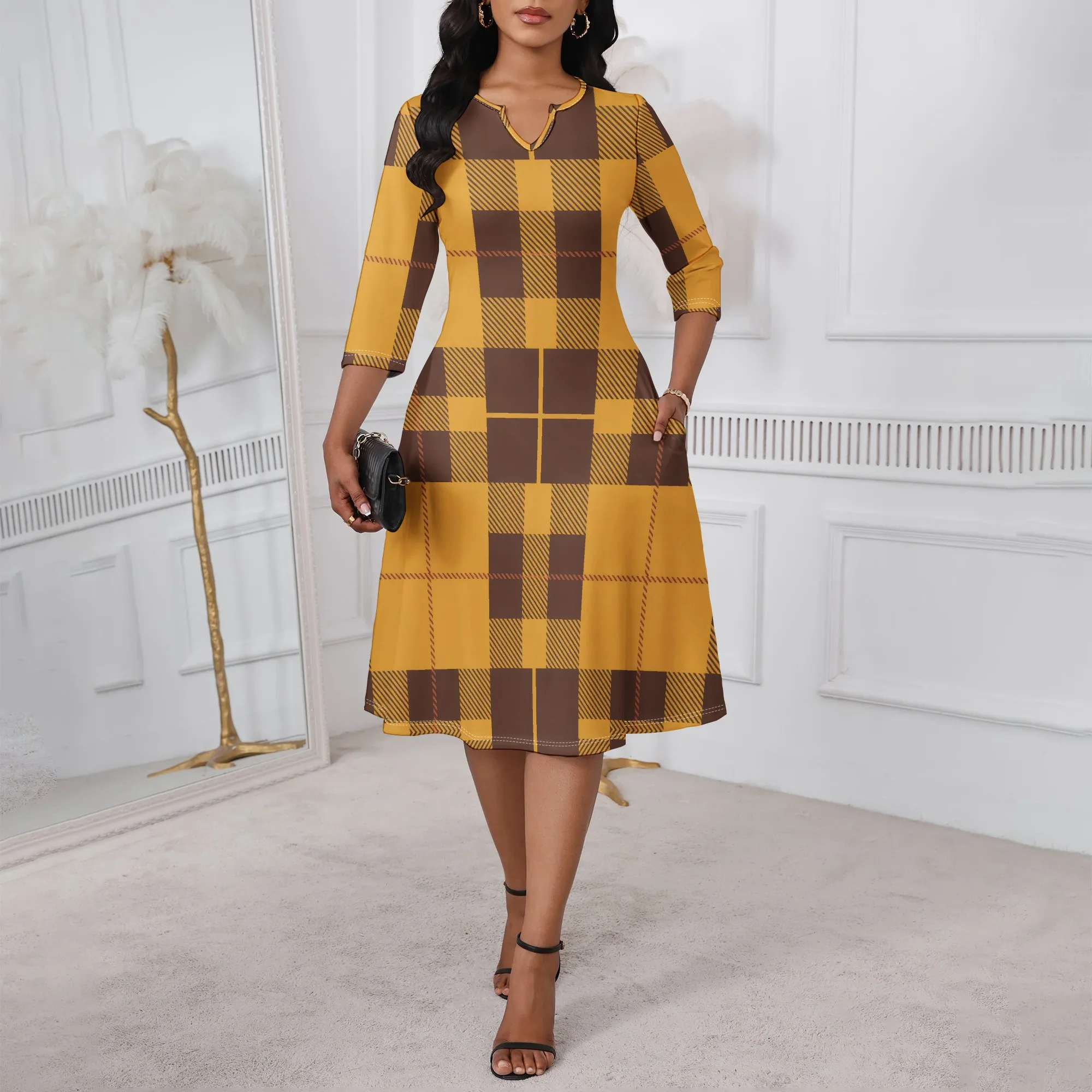 

Women's Vintage Plaid Dress Half Sleeve A-line Dress with Pockets for Office Work Party Wear XS-3XL