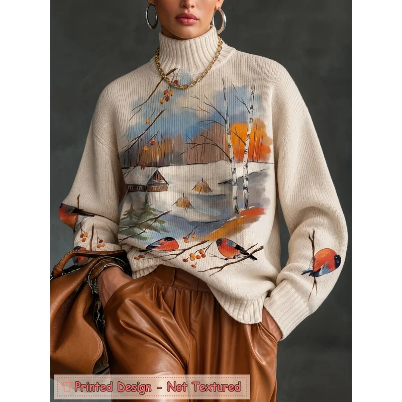 Women's Retro Stripe Print Turtleneck Sweater Long Sleeve Knit Pullover Loose Casual Warm Autumn Winter Fashion Jumper Top