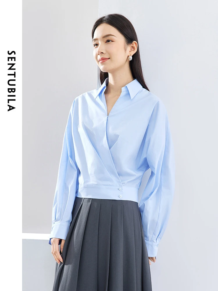 SENTUBILA V-neck Casual Short Loose Blue Shirt 2024 Batwing Sleeve Polo Collar Spring Shirts & Blouses Womens Tops 141C52887