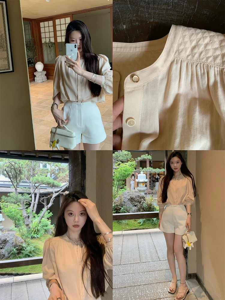 

Seeyouiceland Pure Cotton Golden Button irt Diamond Pattern Soft Feel Casual Loose Fit Women's irt Mid-Length Sve