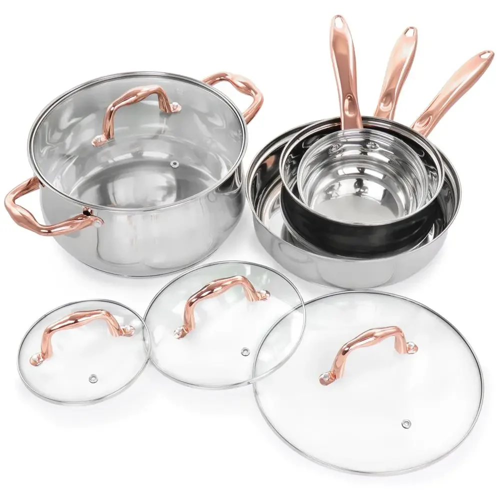 8 Pc Stainless Steel Cookware Set Bransonville Chrome Bronze Gas Electric Safe