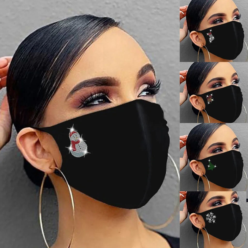 1pc Damen Schwarz Winddicht Komfort Geruchlose Gesichtsmaske Frauen Wiederverwendbare Outdoor Weihnachten Bohrer Atmungsaktive Mode Baumwolle Maske