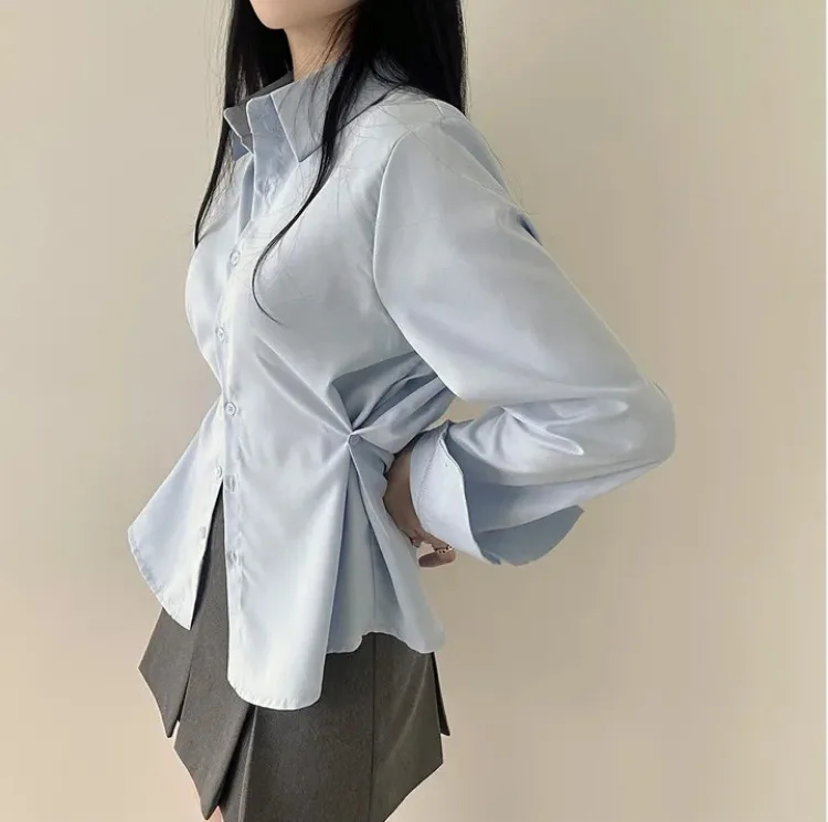 

Women Shirts Solid Blouses Long Sleeves Turn Down Collar Single Breasted Cinched Waist Slim Fit Casual Office 2026 Spring Summer