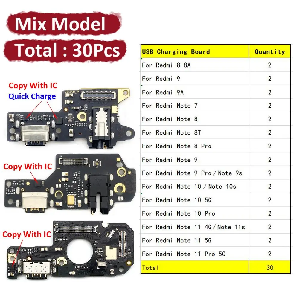 30Pcs USB Charging Port Dock Charger Connector Board Flex Cable For Xiaomi Redmi Note 7 8 8T 9S 9 10 10s 11 Pro 4G 5G 9 9A 8 8A