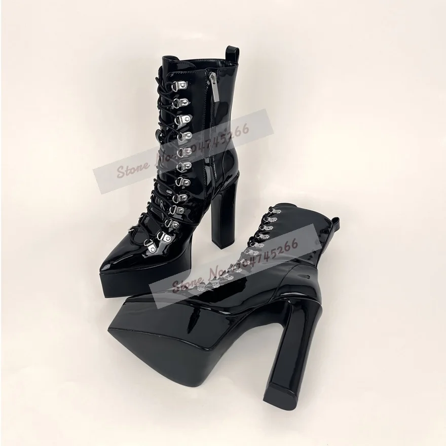 Black Shiny Patent Leather Chunky Heel Ankle Boots Punk Style Platform Pointed Toe Booties Metal Buckle Cross Tied Dress Shoes