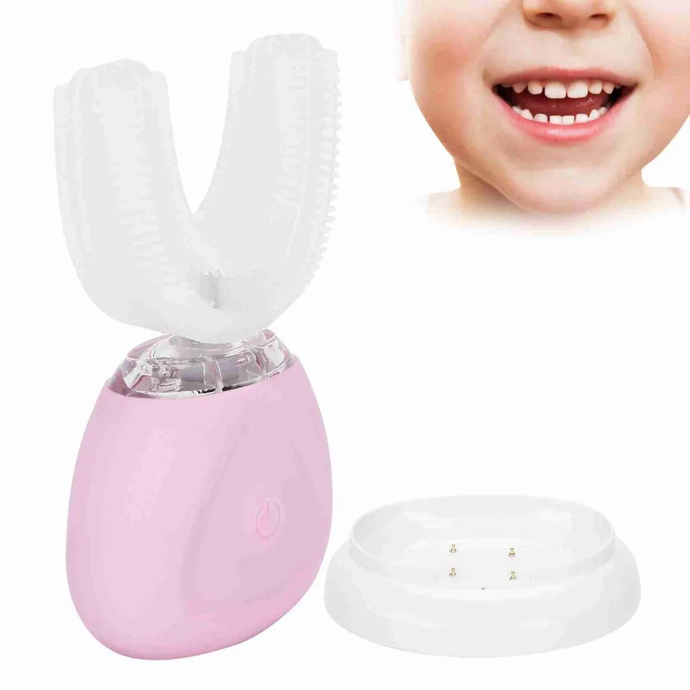 Smart Pink Electric Toothbrush USB Rechargeable Automatic Ultrasonic Toothbrush 360 Degree Rotation U Shape Toothbrush For Child