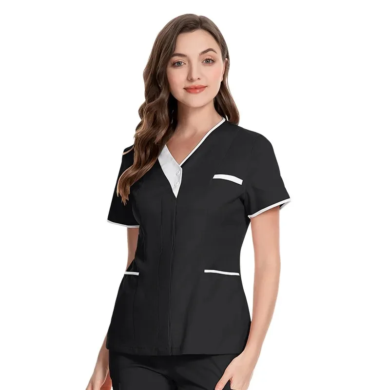 Cotton V-neck Technician Workwear Women's Clinic Beauty Salon Top Hospital Surgical Gown Short Sleeved Doctor Nurse Gown