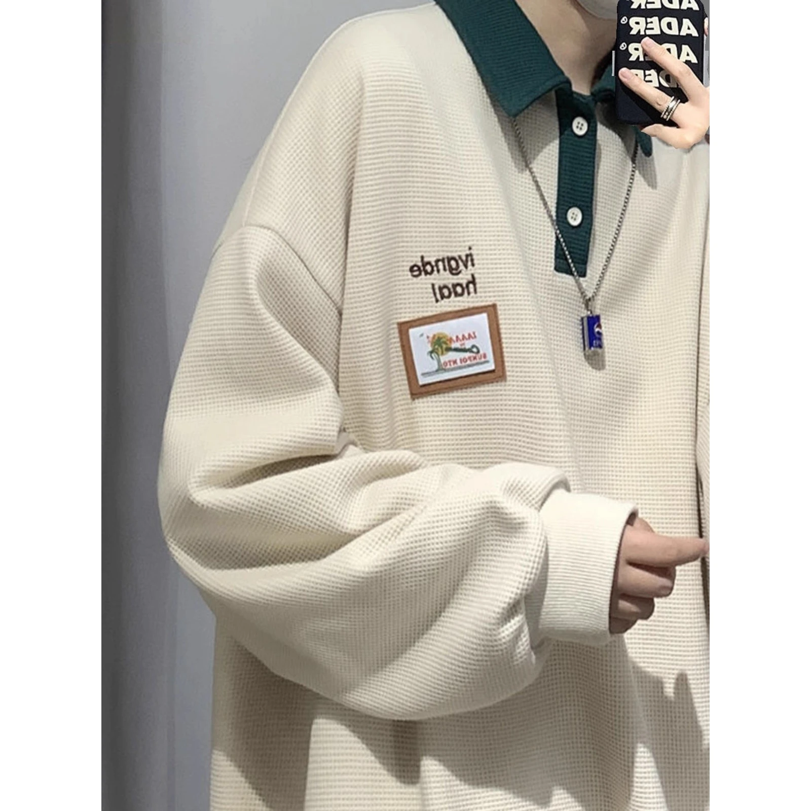 

Мужская толстовка больших размеров на осень-зиму, свободный крой, с отложным воротником, модная ретро-модель из полиэстера, 300 г/м²