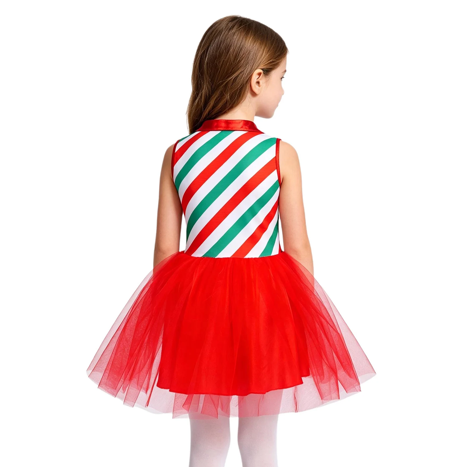 Kids Girls Christmas Elf Tulle Tutu Dress Metallic Candy Cane Stripe Dress Ballet Figure Skating Stage Performance Party Costume