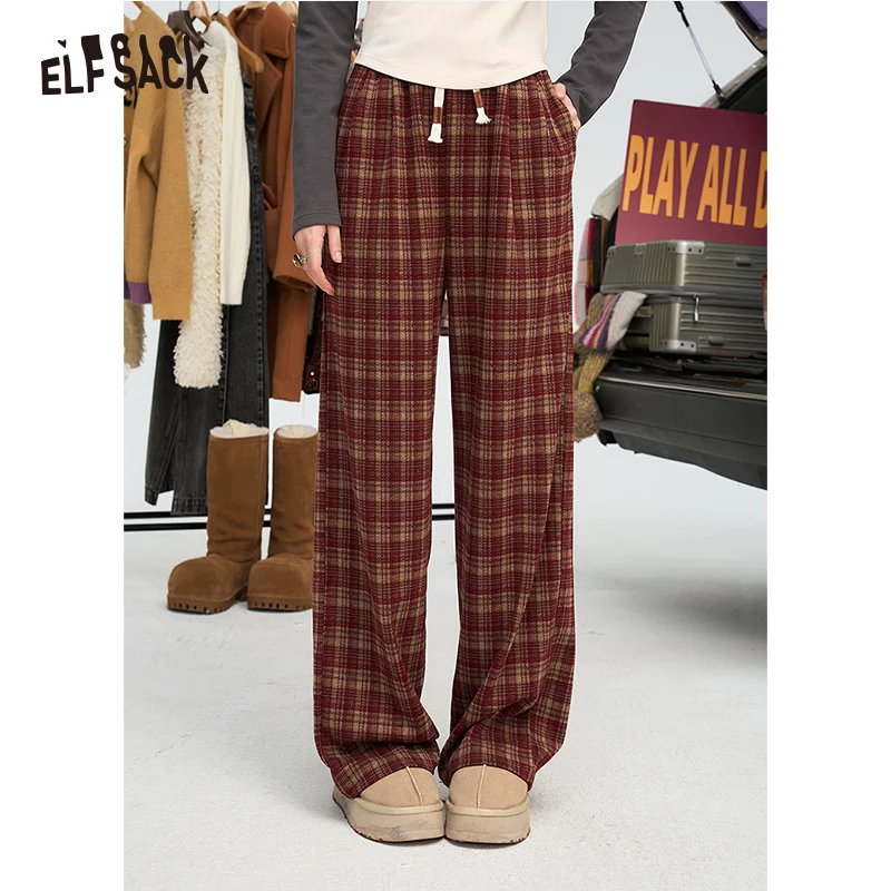 ELFSACK 2024 Winter New Arrivals Angela Red Retro Loose Plaid Pants for Women