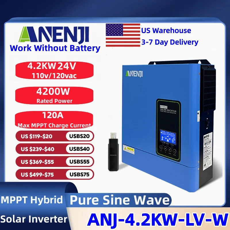 ANENJI 4.2KW 110V/120VAC Hybrid Solar Inverter 24V Off Grid Inverter Built-in 120A MPPT Solar Charge Controller Fit Home Energy