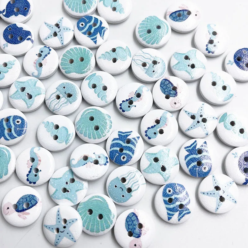 50PCs 15mm Mixed Ocean Sea World Theme Round Wood Buttons Sewing Scrapbooking Clothing Craft Handwork Accessories WB919