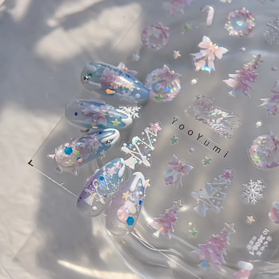 Nail Art Stickers Iridescent Cute Pink Rainbow Christmas Tree Adhesive Decals Lightweight DIY Manicure Decoration Party