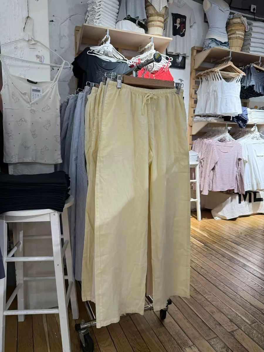 Novo amarelo cordão calças casuais mulheres verão cintura elástica fina streetwear moda estilo preppy doce perna larga calças y2k