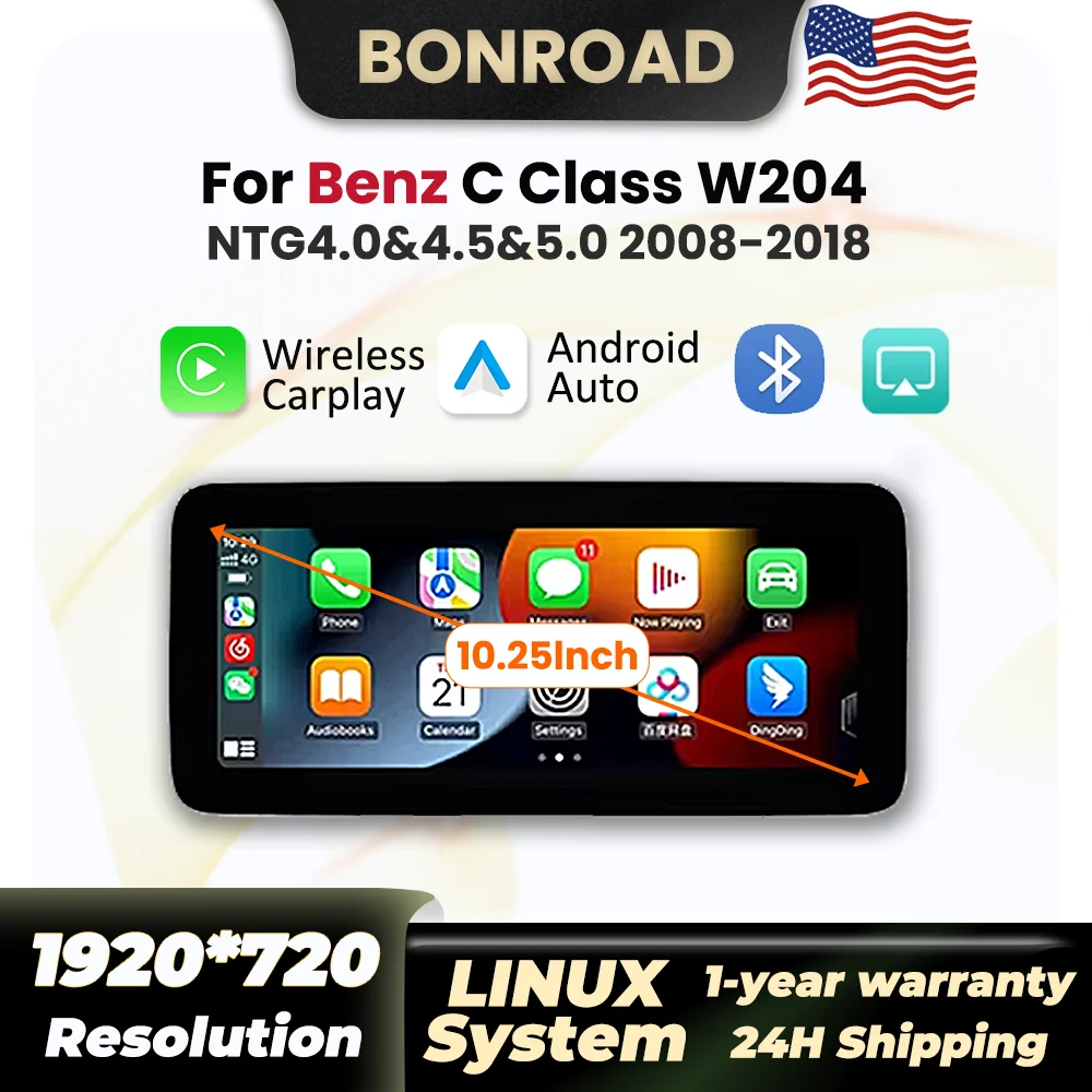 Autoradio Linux de 10,25 pulgadas para Mercedes Benz Clase C W204 2008-2018, reproductor Multimedia inalámbrico Carplay, Android, estéreo con GPS y BT