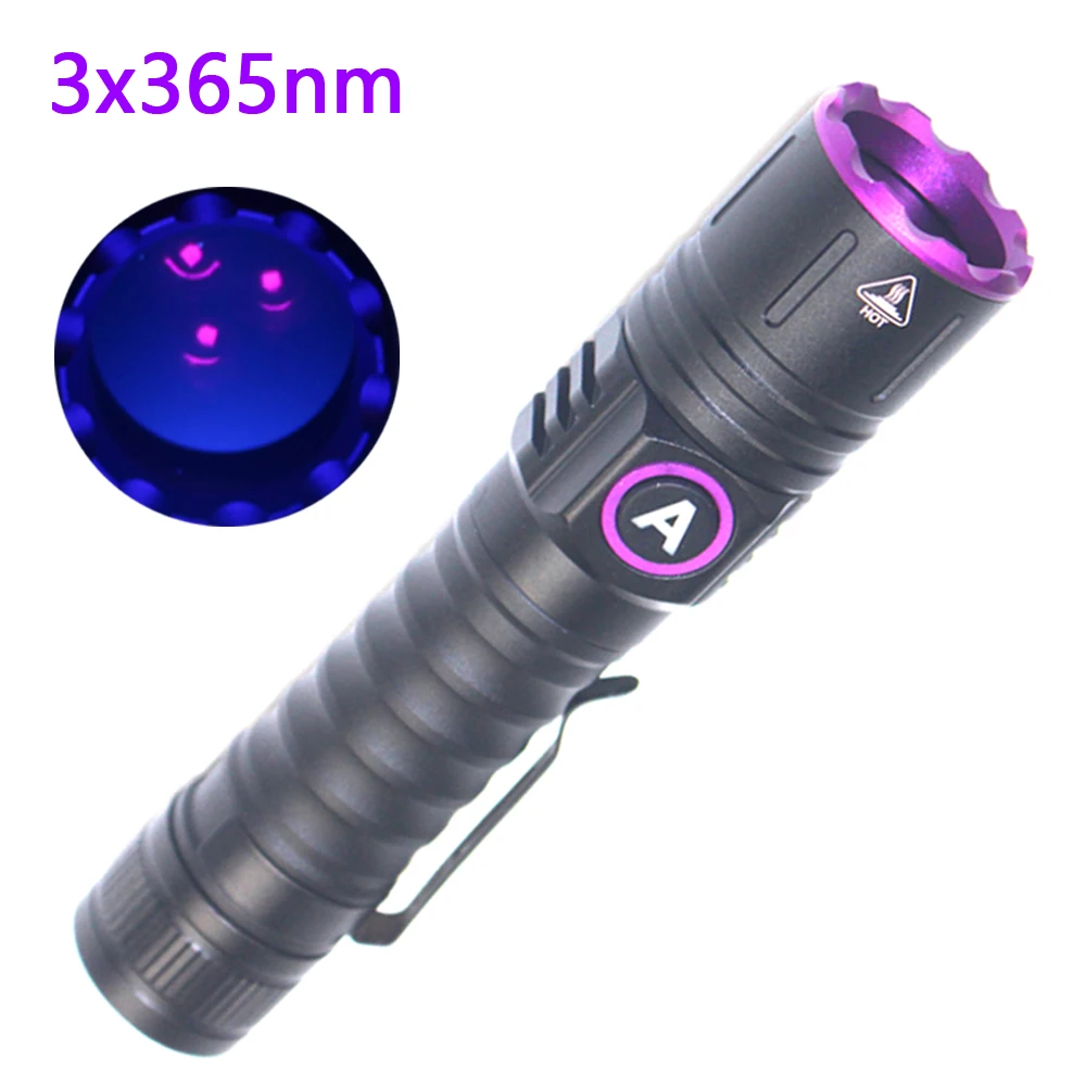 15W 3x365nm UV Flashlight Type-c USB Rechargeable Blacklight Curing Cat Tinea Pet Urine Stain Marker Fluorescence Light